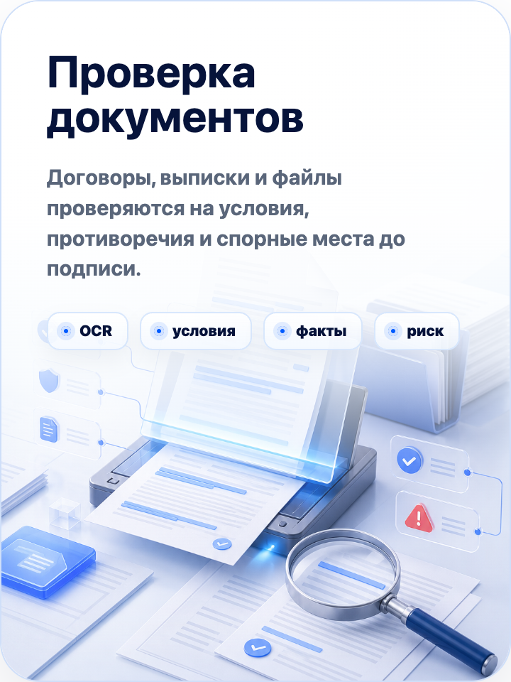 Проверка документов: договоры, выписки и файлы проверяются на условия, противоречия и спорные места до подписи.